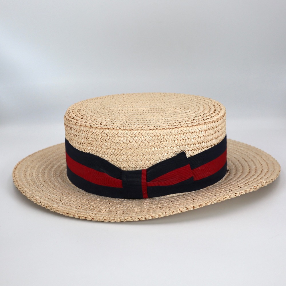 Vintage Boater Hat Unisex Tan Straw Navy Red Striped Ribbon Florence Souvenir